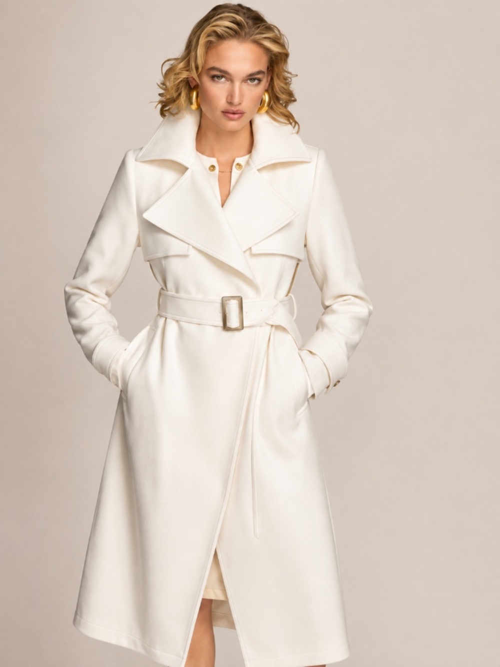 NWOT Donna Karan Cream Belted Notched Collar Trench Coat XS